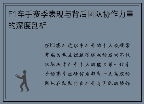 F1车手赛季表现与背后团队协作力量的深度剖析