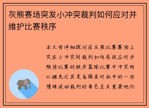 灰熊赛场突发小冲突裁判如何应对并维护比赛秩序