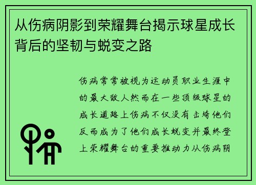 从伤病阴影到荣耀舞台揭示球星成长背后的坚韧与蜕变之路 从伤病阴影到荣耀舞台揭示球星成长背后的坚韧与蜕变之路